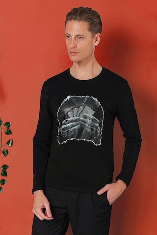 Efor Slim Fit Baskılı Bisiklet Yaka Esnek Pamuk Siyah Tişört Ts 868 Siyah