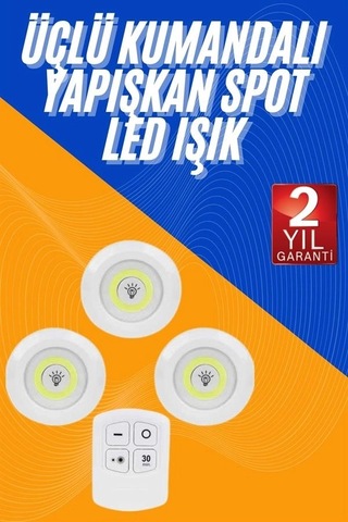 Hubrendy Kargo Dolap Işığı Mutfak Rafı Işığı Uzaktan Kumandalı 3 Lü Spot Led Lamba 479810