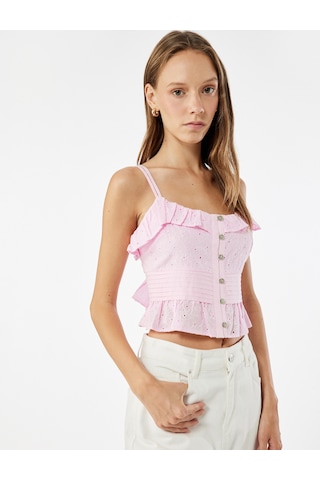 Koton Pamuklu Kolsuz Fırfırlı Yaka Düğmeli Brodeli Crop Bluz Pembe 5sal30039ıw Gül