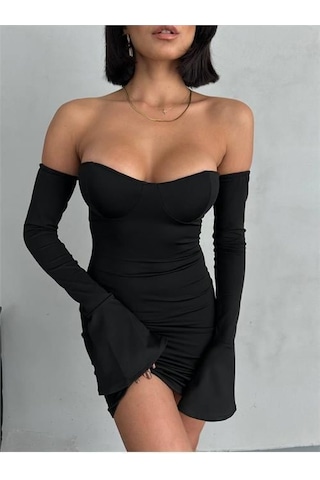 Dip Moda Kadın Siyah Volanlı Mini Kol Fırfırlı Elbise Dpnbdf094 Siyah