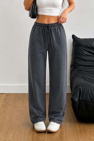 Tarz Cool Kadın Keten Karışımlı Regular Fit Beli Lastikli Bağcıklı Yüksek Bel Günlük Pantolon Gri