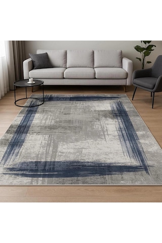 Gri Zemin Mavi Çerçeve Modern Halı Dekoratif Kilim Gri