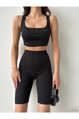 Kadın Yüksek Bel Fitilli Toparlayıcı Kısa Spor Tayt Siyah