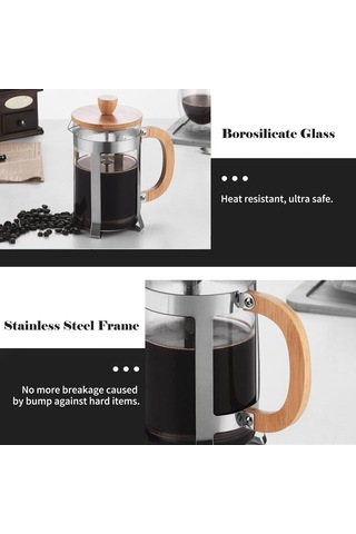 Mufunye 600ml Borosilikat Cam Fransız Presi: Ahşap Kollü, Çelik Filtreli, Kahve/çay Hazırlama, Kolay Temizleme Renkli