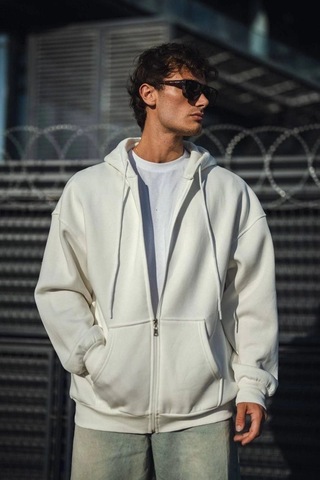 Barlashive Erkek Tam Fermuarlı Cepli Kapüşonlu 3 İplik Pamuklu Hoodie Sweatshirt - Beyaz Çok Renkli