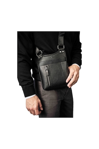 Erkek Siyah Hakiki Deri Postacı Askılı Omuz Çanta Kangaroo 8701S