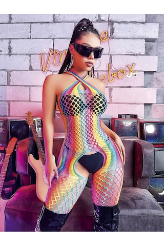 Gökkuşağı Desenli Fileli Fantezı Vücut Çorabı Çok Renkli