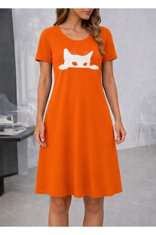 Alyn Wear Kadın Kısa Kollu Bisiklet Yakalı Kedi Desenli Viskon Kısa Elbise Turuncu
