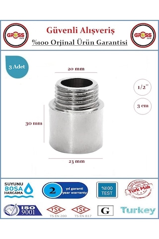 1/2'' Musluk Uzatması - 3cm - Paslanmaz Çelik - 3 Adet