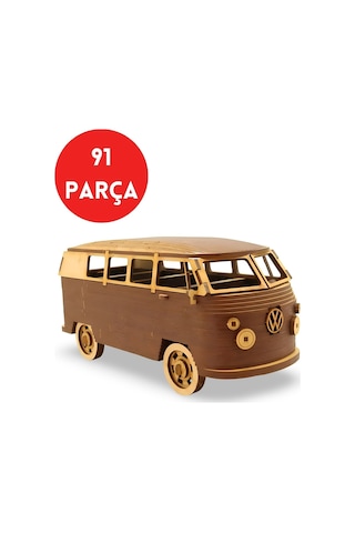 Volkswagen T1 Ahşap Model Araba - Retro Vw Minibüs Maketi - 91 Parça Ahşap 3d Kit