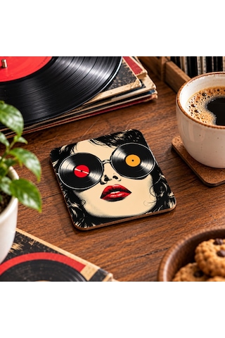 Plakların Divası Temalı Dekoratif Mdf Bardak Altlığı 10x10 Cm Çok Renkli