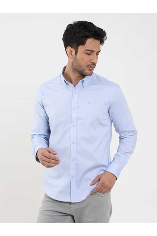 Dufy Mavi Erkek Slim Fit Düz Brent Düğmeli Yaka Uzun Kol Gömlek - 104329-mavi Mavi
