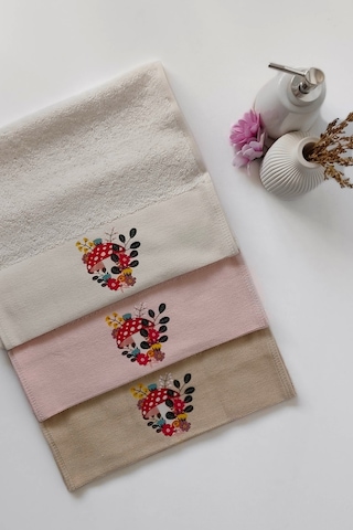 3'lü Mantar Baskılı Karışık Renkli Misafir Havlu Takımı - Bambu El & Yüz & Mutfak Havlusu - 30x50 Cm Krem Krem