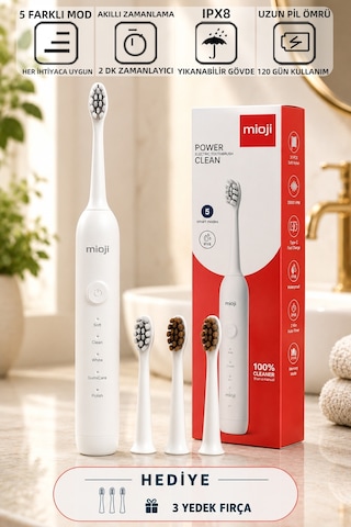 Mioji Oral B1 Şarj Edilebilir IPX8 5 Modlu Diş Fırçası Beyaz + 3 Yedek Başlık