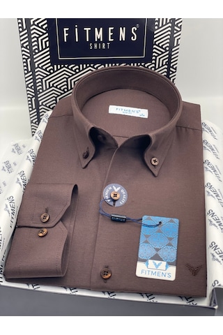 Slim Fit Uzun Kol Pamuklu Hediye Kutulu Kolay Ütülenebilir Erkek Gömlek Fs-002225 - Koyu Kahve-3379