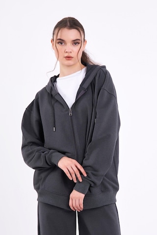 Comeor Antrasit Kanguru Cepli Kapüşonlu Fermuarlı Oversize Kadın Sweatshirt Cmrb73-antrasit Antrasit