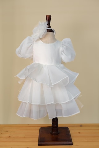 Kız Bebek Caroline Kumaş Krem Karpuz Kollu Kat Etekli Abiye Elbise Taç Hediyeli 1-5 Yaş Krem