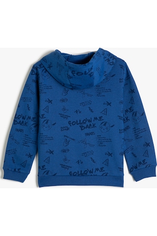 Koton Kapşonlu Sweatshirt Baskılı Uzun Kollu Şardonlu Mavi Desenli 4wkb10066tk 4WKB10066TK6D5 Mavi