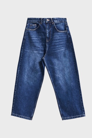 Itsbasic Erkek Koyu Mavi Renk 3w5-5 Loose Baggy Fit Bol Kesim Cep Nakış Detaylı Denim Jean