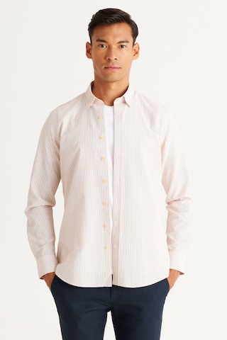 AC&Co / Altınyıldız Classics Erkek Beyaz Turuncu Slim Fit Dar Kesim Gizli Düğmeli Yaka Pamuklu Çizgili Gömlek Beyaz - Turuncu