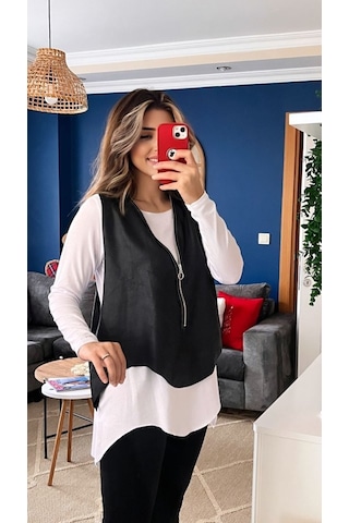 Pazarella Kadın Uzun Kol Asimetrik Kesim Viskon Bluz Ve Çatlak Deri Görünümlü Fermuar Detaylı Yelek Ikili Takım Beyaz