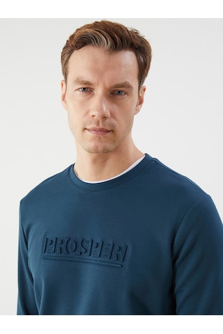 Lcwaıkıkı Classic Petrol Bisiklet Yaka Baskılı Erkek Sweatshirt Petrol Mavi
