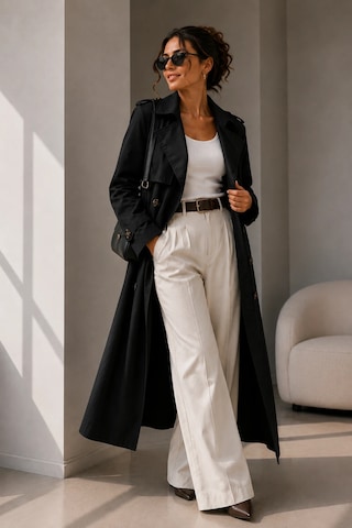 Bb Butik Basic Kadın Uzun Kruvaze Trençkot Düğmeli Klasik Model Tc0635 siyah