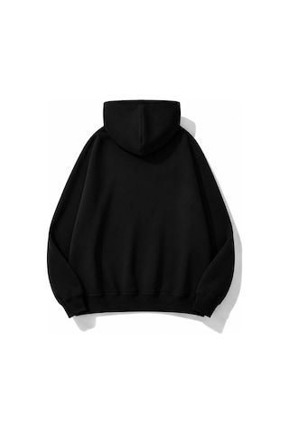 Herkesemoda Yazı Baskılı Kapüşonlu 2 İplik Şardonlu Sweatshirt Siyah