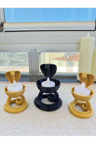3'lü Kobra Figürlü Tealight Mumluk Seti Gold Mat Siyah Dekoratif Yılan Mumluk Gold - Siyah