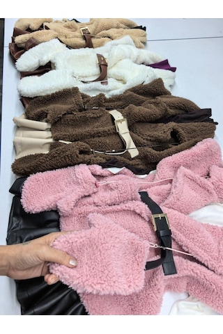 Kız Çocuk 4 Parça Peluş Yelekli Etek Takım Badi, Etek, Yelek Ve Eldiven 0210 Vizon