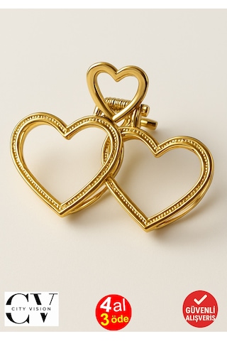 7 Cm Çift Kalp Model Gold Saç Tokası Zarif Ve Romantik Metal Mandal Toka Altın