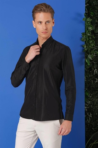 Efor Slim Fit Düğmeli Yaka Pamuklu Klasik Siyah Gömlek Gk 715 Siyah