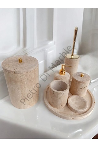 Sarı Traverten Klasik Model 7 Parça Gold Renk Düğme Aksesuarlı Banyo Seti Sarı Traverten