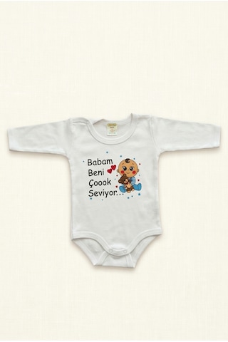 Bambık Babam Beni Çoook Seviyor Yazılı Uzun Kollu Bebek Body Zıbın Beyaz
