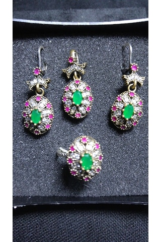 Zümrüt, Lal Ve Zirkon Karışımlı Gümüş 3 Lü Oval Set Bronz