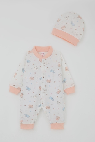 Breeze Kız Bebek Tulum Renkli Kedicik Desenli Minnoş Ayaklar 0-6 Ay, Beyaz