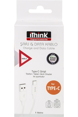 Ithink Silver Type-c Şarj Veri Aktarım Kablosu 1 M Beyaz