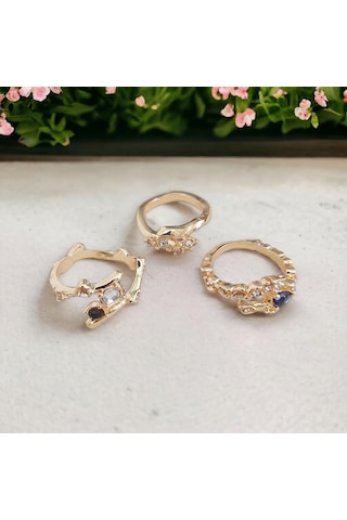 3'lü Modern Vintage Yüzük Seti Altın Renk Gold