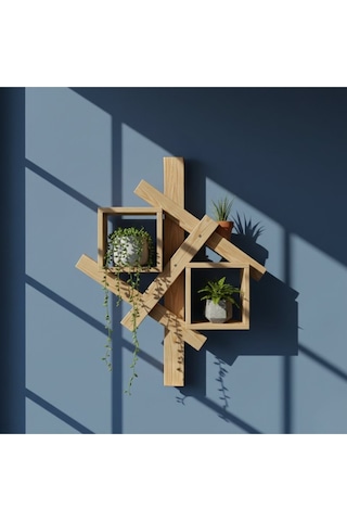 Masif Ahşap Modern Duvar Rafı - 60x50 Cm Dekoratif Geometrik Kitaplık Ve Çiçeklik Bej