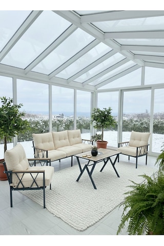 Ard & Garden Miray 311 Masalı Krem Fermuarlı Bahçe Balkon Takımı, Salon, Teras- Berjer Düğmeli Metal Çay Seti Krem