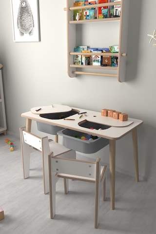 Çocuk Oyun Ve Aktivite Masası - 2 Sandalye - Gri Sepetli Beyaz-gri Beyaz - Gri