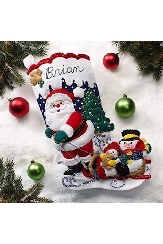 Keçe Aplike 45,72 Cm Çorap Yapma Seti, Noel Baba İle Kızak, Kendin Yap Sanatları Ve El Sanatları İçin Mükemmel, 89477e 50 x 22