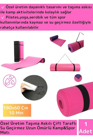 Özel Model Taşıma Askılı Çift Taraflı Kaymaz Su Geçirmez Pilates Kamp Fitness Yoga Matı Pembe 10 Mm Çok Renkli
