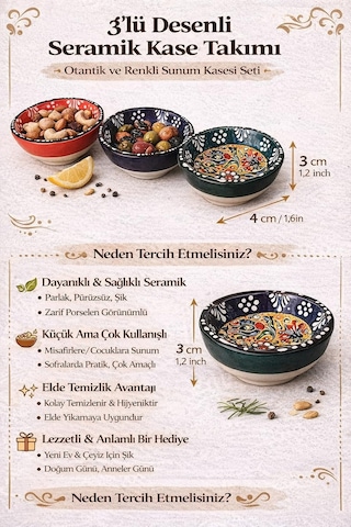 Tr Kabartma Desenli El Boyaması Seramik Kase Seti, 3'lü Renkli Çini Motifli Dekoratif Sunum Kaseleri, Kahvaltı, Meze Genel