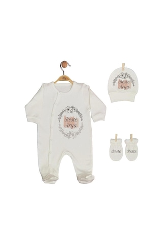 Pia Baby Gl 1908-01 İsme Özel Üçlü Tulum Set Krem
