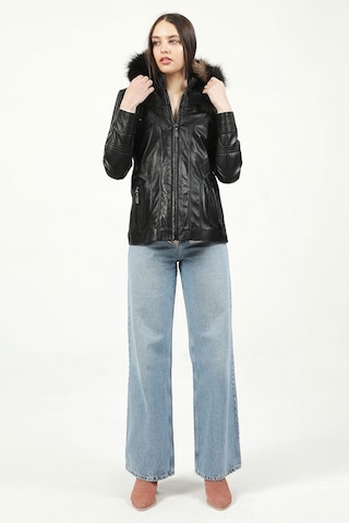 Dericlub Mistral Kadın Kapüşonlu Hakiki Deri Kaban Siyah Siyah