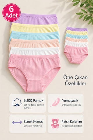 Bebelove Kız Çocuk %100 Pamuklu Ribana Külot 6'lı Paket Yumuşak Esnek İç Giyim Karışık Renk