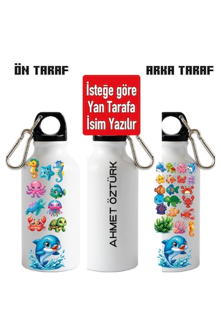 Çocuklar İçin Plaj Deniz Figür Baskılı Kancalı Metal Suluk-600ml Beyaz