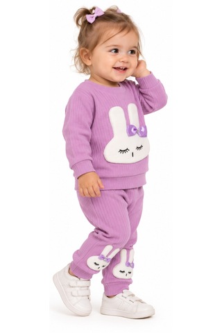 İrem Kız Bebek Tavşan Aksesuarlı Fitilli Kumaş Omuzu Çıtçıt Kapamalı Lila Renk Takım