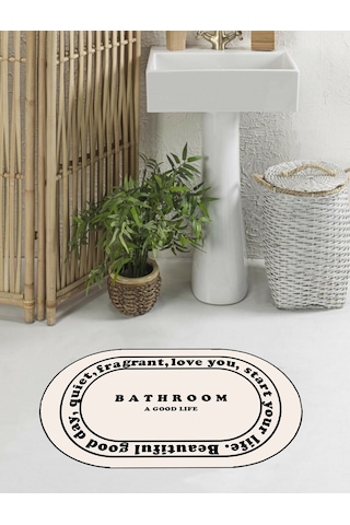 Bathroom Yazılı, Yazılı Banyo Paspası, Dekoratif Paspas, 60x100 Krem